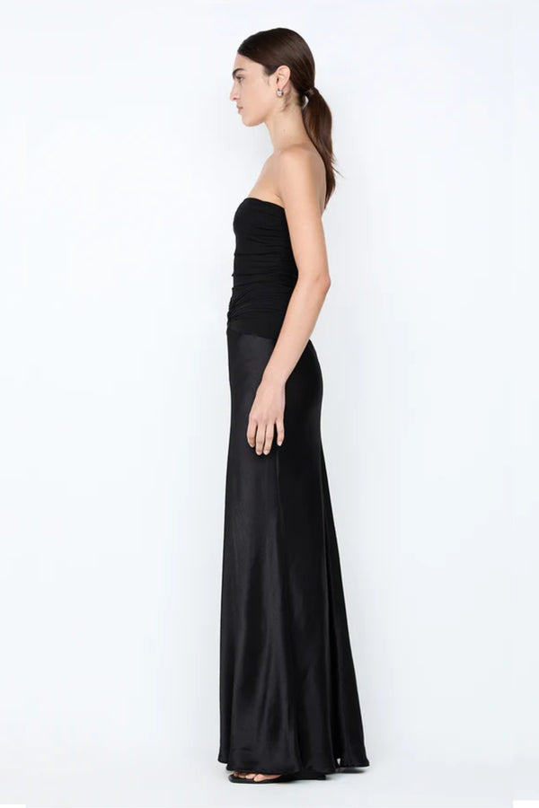 Millah Strapless Dress by Bec + Bridge, a slinky bias-cut maxi with twisted mesh bodice and strapless silhouette for sleek, modern evening elegance.