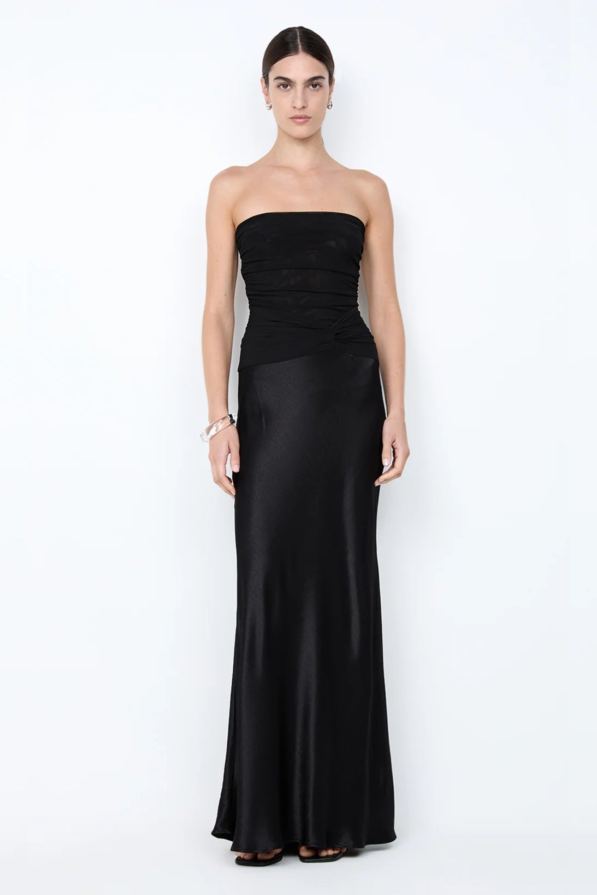 Millah Strapless Dress by Bec + Bridge, a slinky bias-cut maxi with twisted mesh bodice and strapless silhouette for sleek, modern evening elegance.