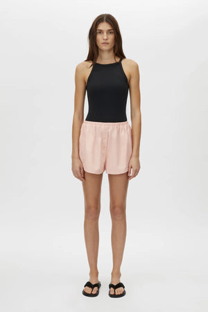 Milo Short by Camilla and Marc – pink mid-rise pull-on shorts with an elastic waistband and side splits, perfect for easy polished styling.