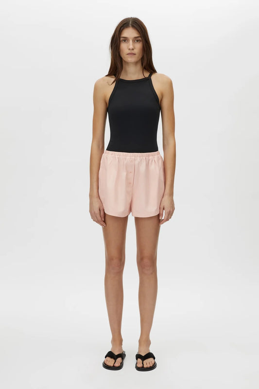 Milo Short by Camilla and Marc – pink mid-rise pull-on shorts with an elastic waistband and side splits, perfect for easy polished styling.