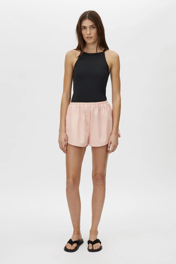 Milo Short by Camilla and Marc – pink mid-rise pull-on shorts with an elastic waistband and side splits, perfect for easy polished styling.