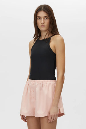 Milo Short by Camilla and Marc – pink mid-rise pull-on shorts with an elastic waistband and side splits, perfect for easy polished styling.