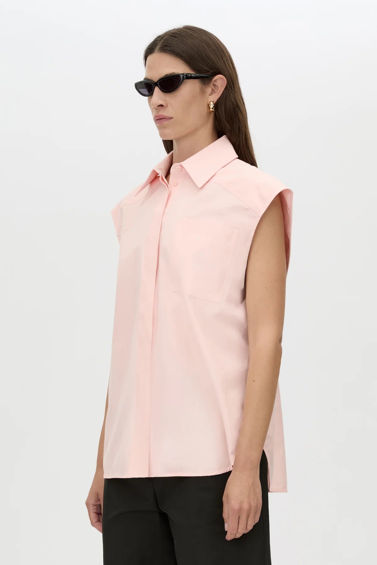 Milo Sleeveless Shirt by Camilla and Marc – a pink sleeveless shirt with clean tailoring and a curved hem, perfect for soft polished styling.