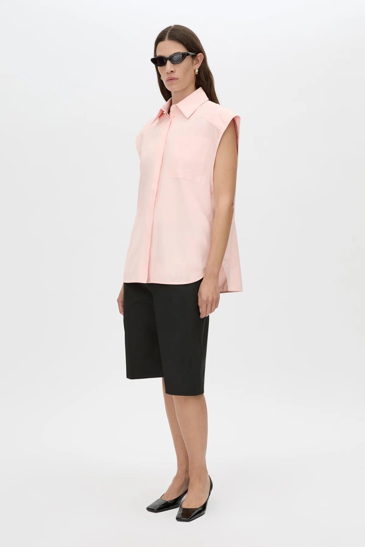 Milo Sleeveless Shirt by Camilla and Marc – a pink sleeveless shirt with clean tailoring and a curved hem, perfect for soft polished styling.