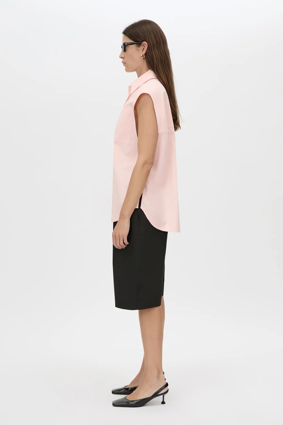 Milo Sleeveless Shirt by Camilla and Marc – a pink sleeveless shirt with clean tailoring and a curved hem, perfect for soft polished styling.