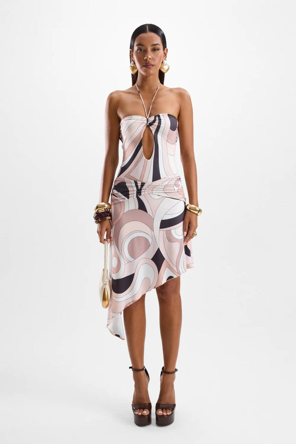 Mimosa Dress by Cin Cin, Mars Beige body-con style with ruched waistband and open back. Perfect for cocktail hour and evenings out.