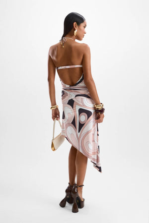 Mimosa Dress by Cin Cin, Mars Beige body-con style with ruched waistband and open back. Perfect for cocktail hour and evenings out.