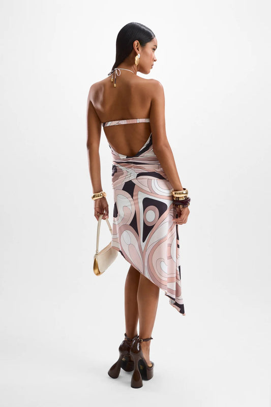 Mimosa Dress by Cin Cin, Mars Beige body-con style with ruched waistband and open back. Perfect for cocktail hour and evenings out.