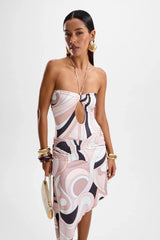 Mimosa Dress by Cin Cin, Mars Beige body-con style with ruched waistband and open back. Perfect for cocktail hour and evenings out.