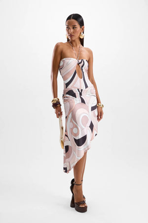 Mimosa Dress by Cin Cin, Mars Beige body-con style with ruched waistband and open back. Perfect for cocktail hour and evenings out.