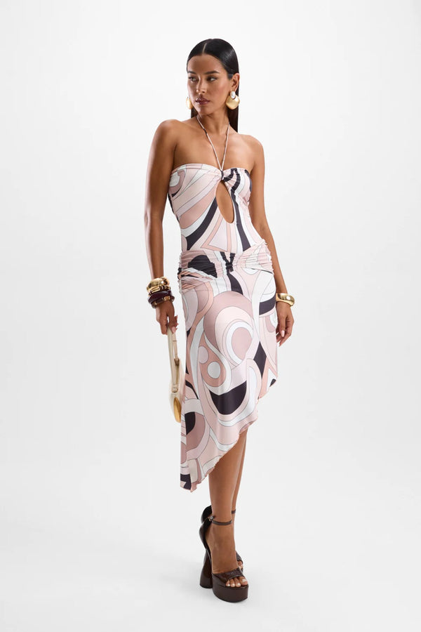 Mimosa Dress by Cin Cin, Mars Beige body-con style with ruched waistband and open back. Perfect for cocktail hour and evenings out.