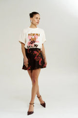 Mini Bias Cut Skirt Chocolate Petals by Summi Summi – floral bias cut mini skirt with elastic drawstring waist.