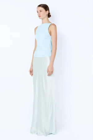 Mirabelle Cowl Maxi Dress in Arctic Blue by Bec + Bridge – boat neck maxi with low cowl back and bias-cut skirt.