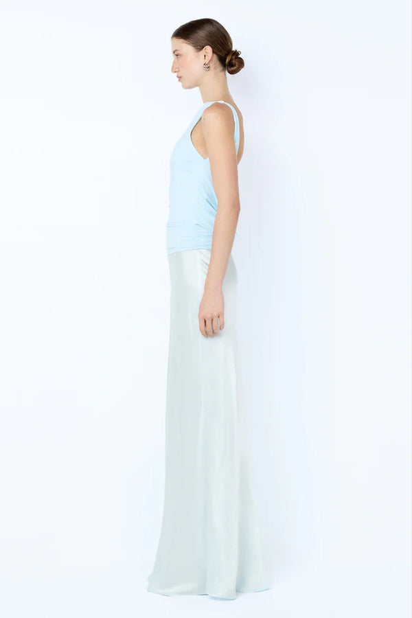 Mirabelle Cowl Maxi Dress in Arctic Blue by Bec + Bridge – boat neck maxi with low cowl back and bias-cut skirt.