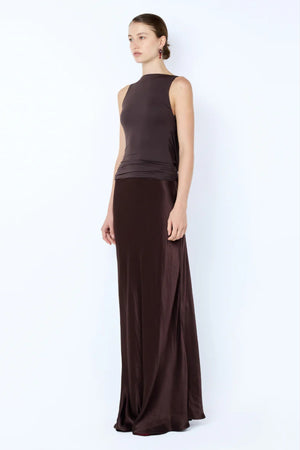 Mirabelle Cowl Maxi Dress in Dark 
Chocolate by Bec + Bridge – boat neck maxi with low cowl back and bias-cut skirt.