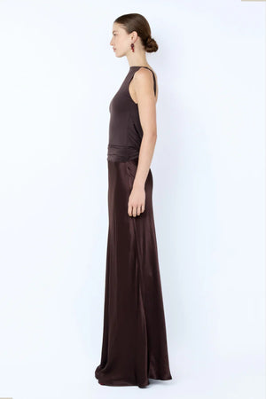 Mirabelle Cowl Maxi Dress in Dark 
Chocolate by Bec + Bridge – boat neck maxi with low cowl back and bias-cut skirt.