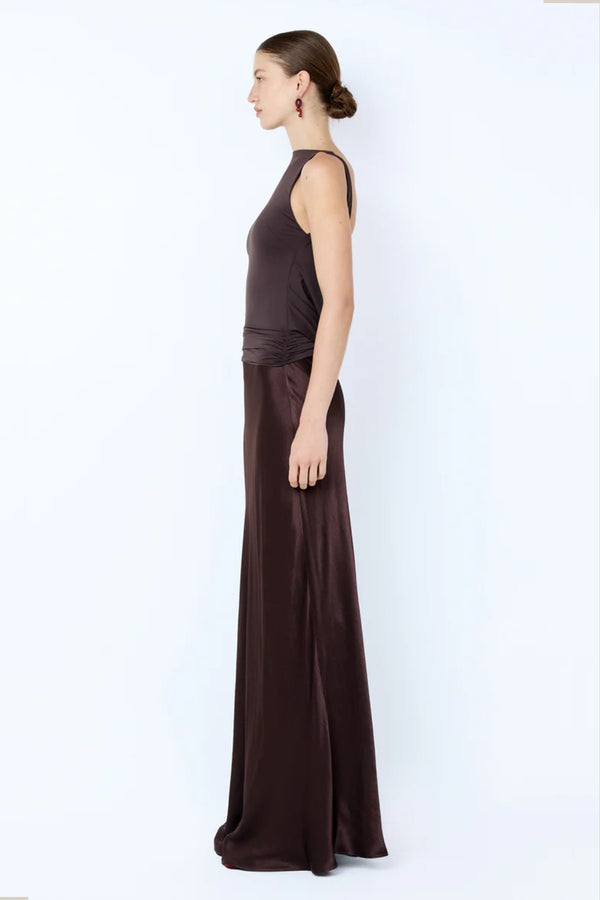 Mirabelle Cowl Maxi Dress in Dark 
Chocolate by Bec + Bridge – boat neck maxi with low cowl back and bias-cut skirt.