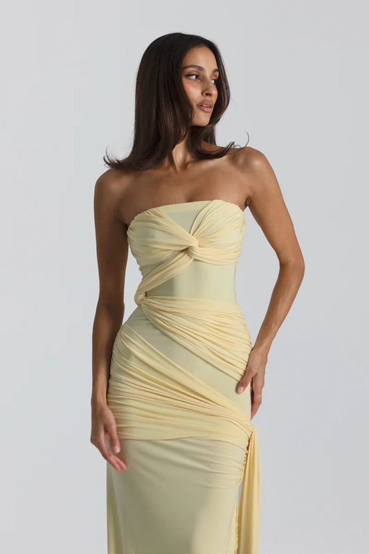 Miranda Gown by Natalie Rolt, strapless stretch Cavalli gown with knot bust detail, side tie, and elegant split for a sculpted feminine fit.