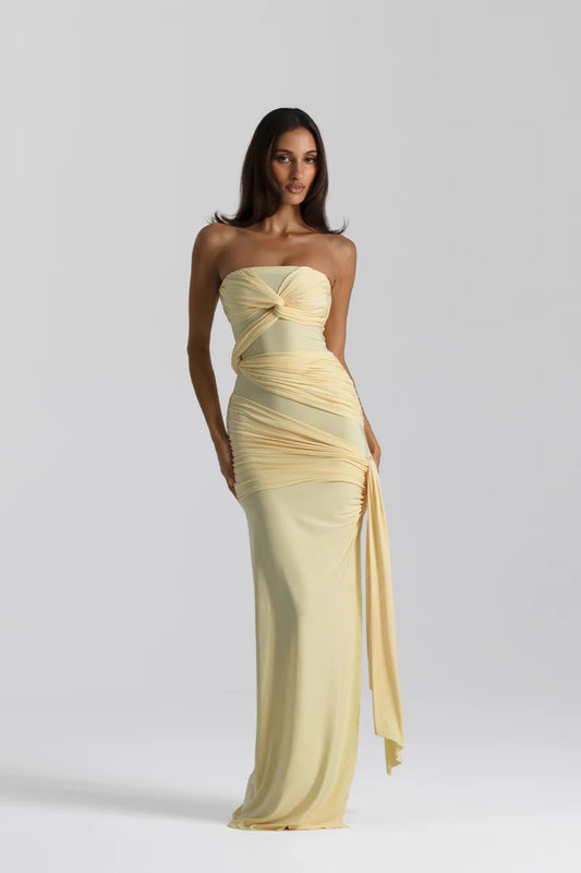 Miranda Gown by Natalie Rolt, strapless stretch Cavalli gown with knot bust detail, side tie, and elegant split for a sculpted feminine fit.