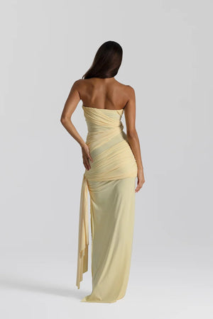 Miranda Gown by Natalie Rolt, strapless stretch Cavalli gown with knot bust detail, side tie, and elegant split for a sculpted feminine fit.