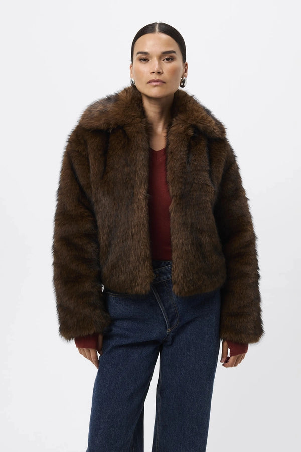Miranda Jacket Walnut Brown by Mossman - faux fur jacket with wide collar and relaxed fit, designed for a bold winter look.