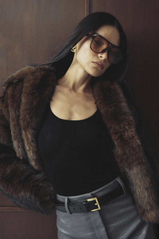 Miranda Jacket Walnut Brown by Mossman - faux fur jacket with wide collar and relaxed fit, designed for a bold winter look.