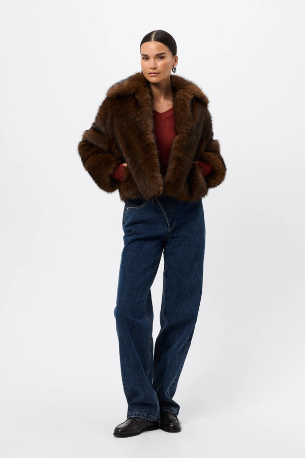 Miranda Jacket Walnut Brown by Mossman - faux fur jacket with wide collar and relaxed fit, designed for a bold winter look.