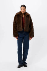 Miranda Jacket Walnut Brown by Mossman - faux fur jacket with wide collar and relaxed fit, designed for a bold winter look.