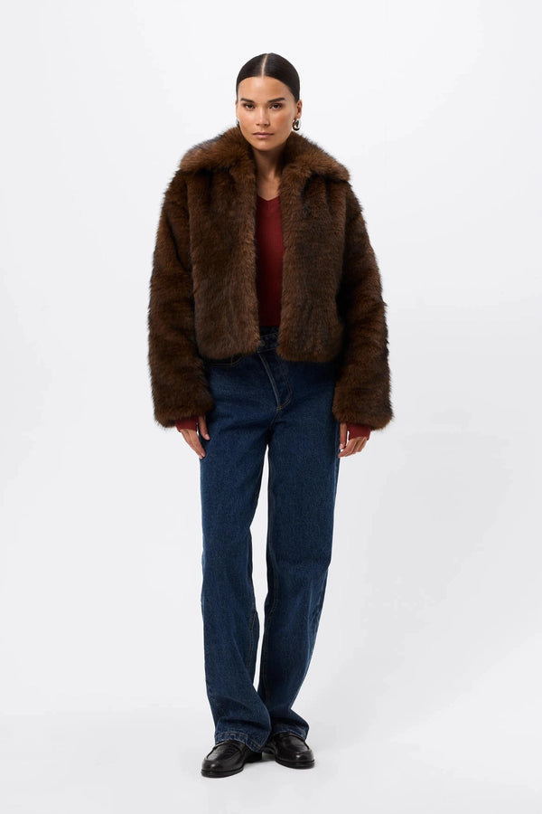Miranda Jacket Walnut Brown by Mossman - faux fur jacket with wide collar and relaxed fit, designed for a bold winter look.