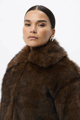 Miranda Jacket Walnut Brown by Mossman - faux fur jacket with wide collar and relaxed fit, designed for a bold winter look.
