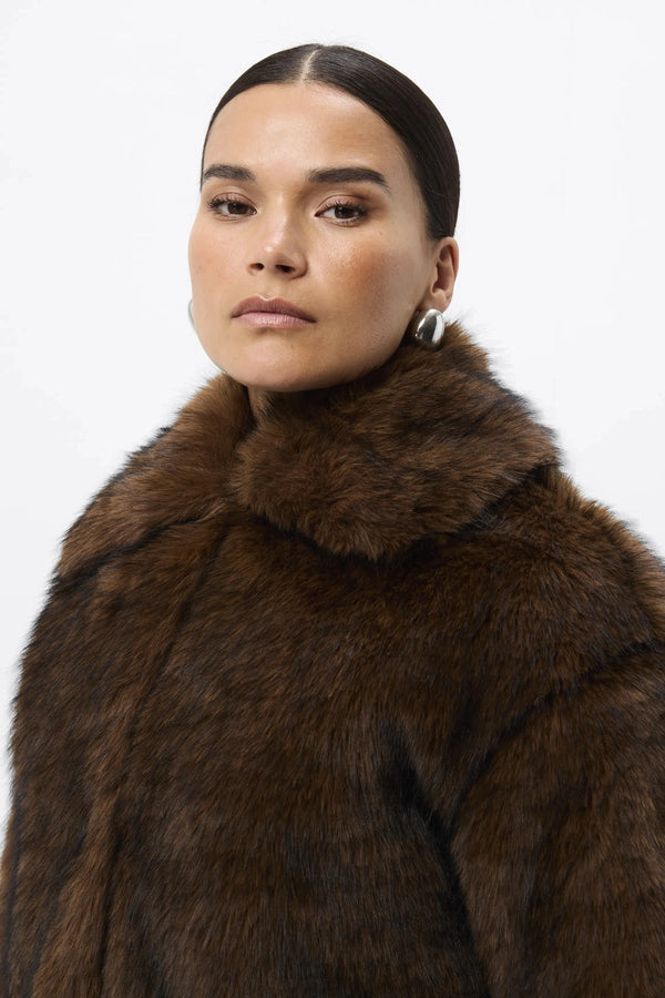 Miranda Jacket Walnut Brown by Mossman - faux fur jacket with wide collar and relaxed fit, designed for a bold winter look.