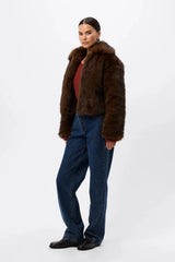 Miranda Jacket Walnut Brown by Mossman - faux fur jacket with wide collar and relaxed fit, designed for a bold winter look.