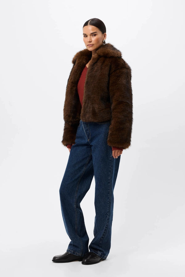 Miranda Jacket Walnut Brown by Mossman - faux fur jacket with wide collar and relaxed fit, designed for a bold winter look.