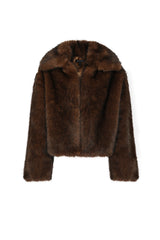 Miranda Jacket Walnut Brown by Mossman - faux fur jacket with wide collar and relaxed fit, designed for a bold winter look.