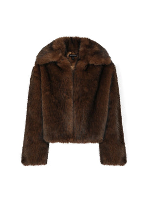 Miranda Jacket Walnut Brown by Mossman - faux fur jacket with wide collar and relaxed fit, designed for a bold winter look.