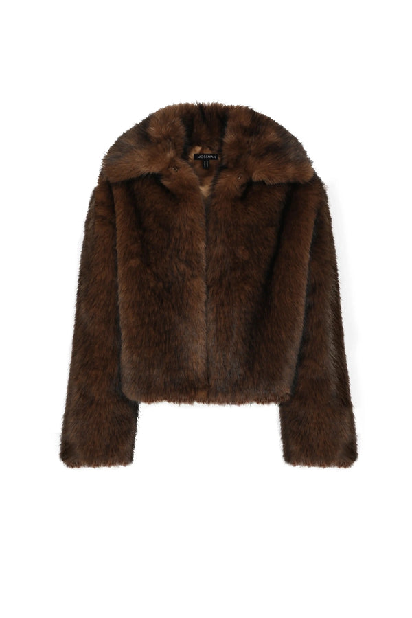 Miranda Jacket Walnut Brown by Mossman - faux fur jacket with wide collar and relaxed fit, designed for a bold winter look.