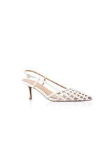 Miranda Pump White Leather by Lana Wilkinson – a mid heel pump with cage detail and buckle strap. Perfect for day-to-night wear.