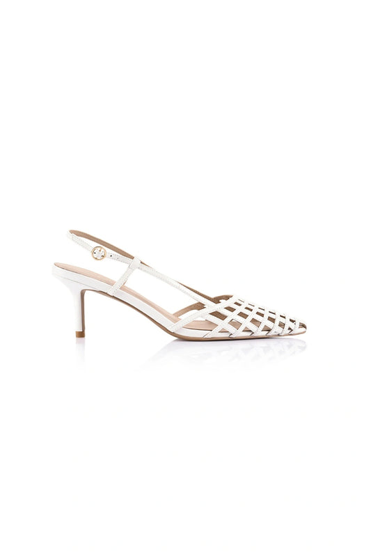 Miranda Pump White Leather by Lana Wilkinson – a mid heel pump with cage detail and buckle strap. Perfect for day-to-night wear.