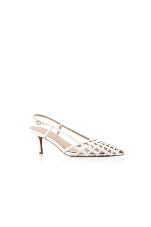Miranda Pump White Leather by Lana Wilkinson – a mid heel pump with cage detail and buckle strap. Perfect for day-to-night wear.