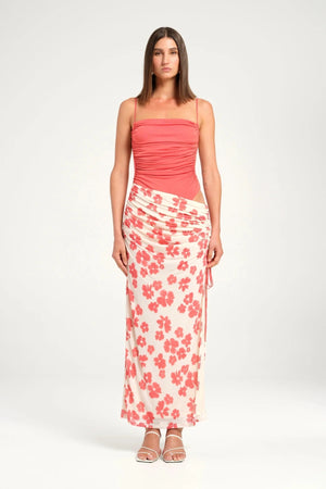 Miro Maxi Dress Blushwood by Benni, maxi with gathered bodice, open back and side split, perfect for weddings or elegant evenings.