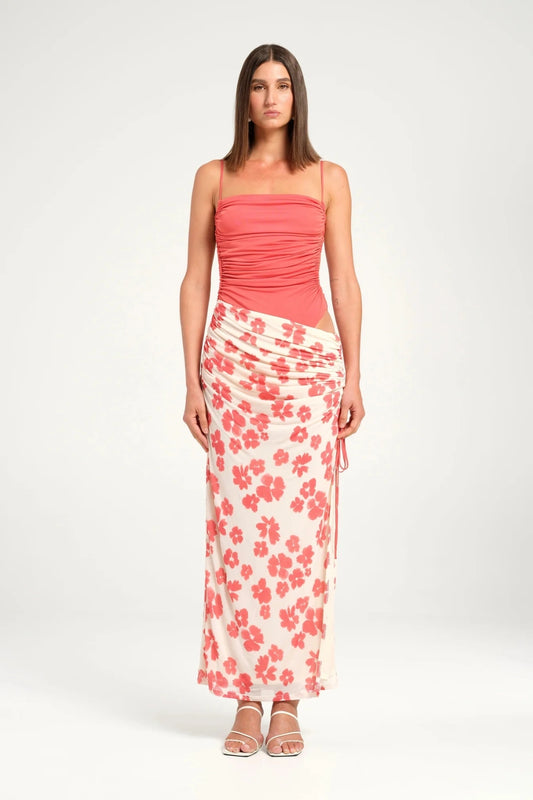 Miro Maxi Dress Blushwood by Benni, maxi with gathered bodice, open back and side split, perfect for weddings or elegant evenings.