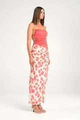 Miro Maxi Dress Blushwood by Benni, maxi with gathered bodice, open back and side split, perfect for weddings or elegant evenings.