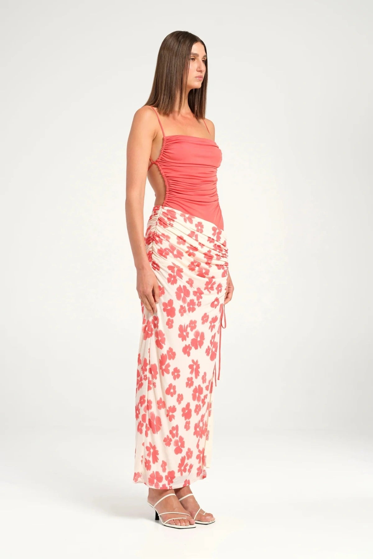 Miro Maxi Dress Blushwood by Benni, maxi with gathered bodice, open back and side split, perfect for weddings or elegant evenings.
