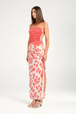 Miro Maxi Dress Blushwood by Benni, maxi with gathered bodice, open back and side split, perfect for weddings or elegant evenings.