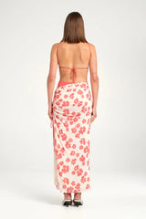 Miro Maxi Dress Blushwood by Benni, maxi with gathered bodice, open back and side split, perfect for weddings or elegant evenings.