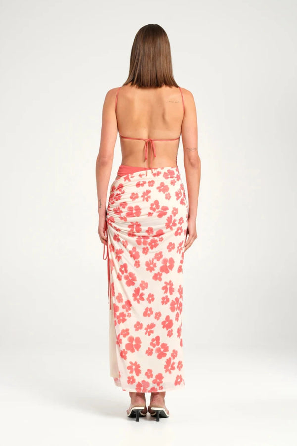 Miro Maxi Dress Blushwood by Benni, maxi with gathered bodice, open back and side split, perfect for weddings or elegant evenings.