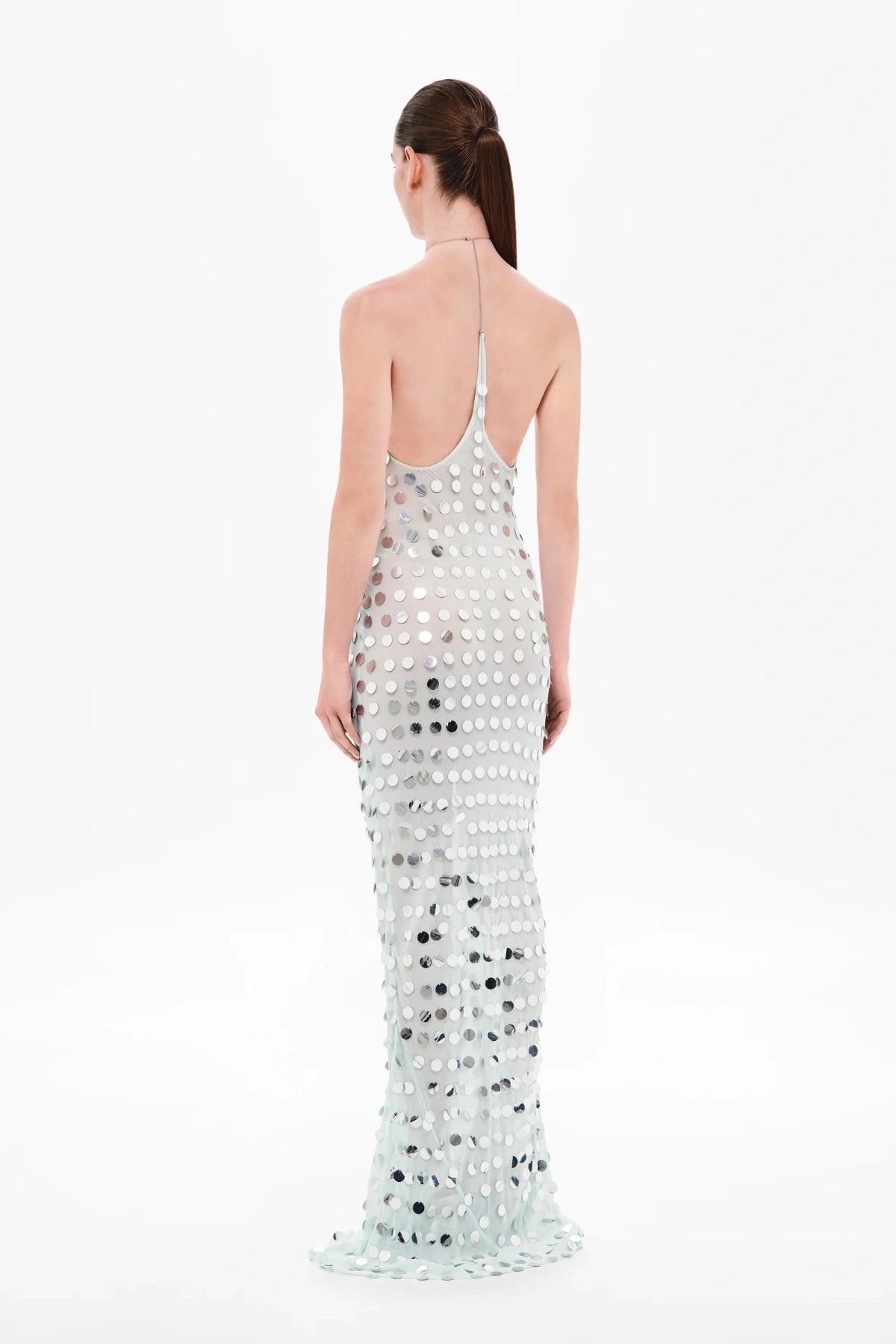 Mirror Bead Dress by MISHA — a sheer georgette maxi with reflective disc sequins and a chain neck clasp, perfect for luminous evening events.