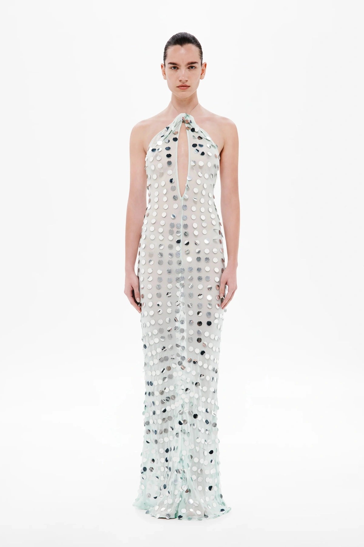 Mirror Bead Dress by MISHA — a sheer georgette maxi with reflective disc sequins and a chain neck clasp, perfect for luminous evening events.