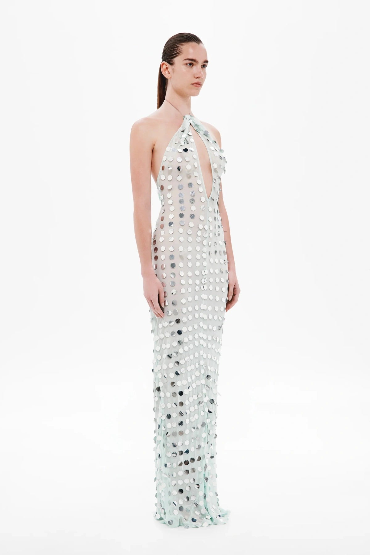 Mirror Bead Dress by MISHA — a sheer georgette maxi with reflective disc sequins and a chain neck clasp, perfect for luminous evening events.