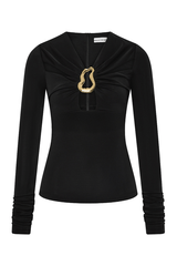 Mischa Long Sleeve Top Black by Rebecca Vallance - fitted jersey top with cut outs and gold hardware, perfect for chic evening styling.